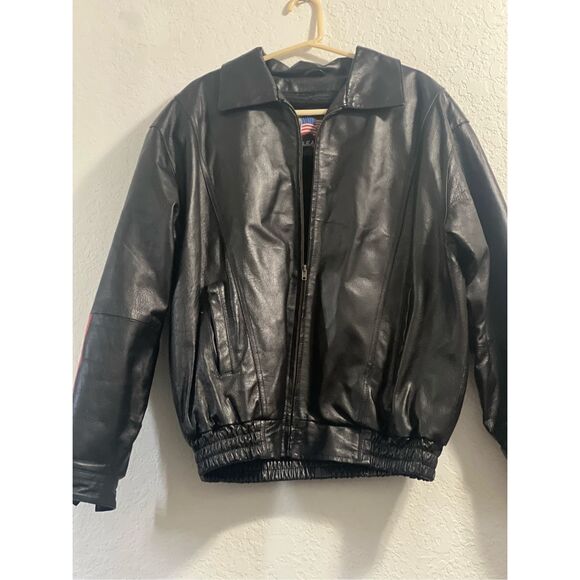Leather USA SZ LG Jacket Motorcyle Black American Eagle Flag Red Biker America - Picture 3 of 6